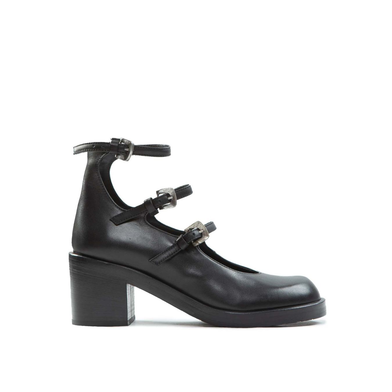 bebe con tre fibbie in pelle nera 