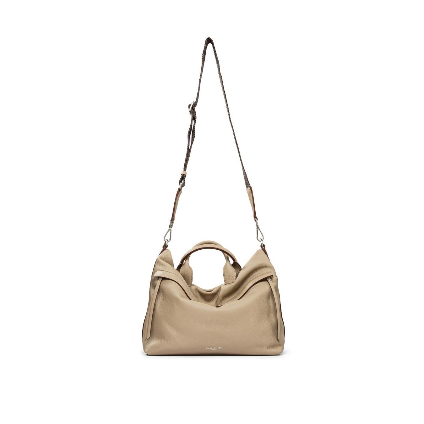 borsa donna beige in pelle con tracolla in tessuto