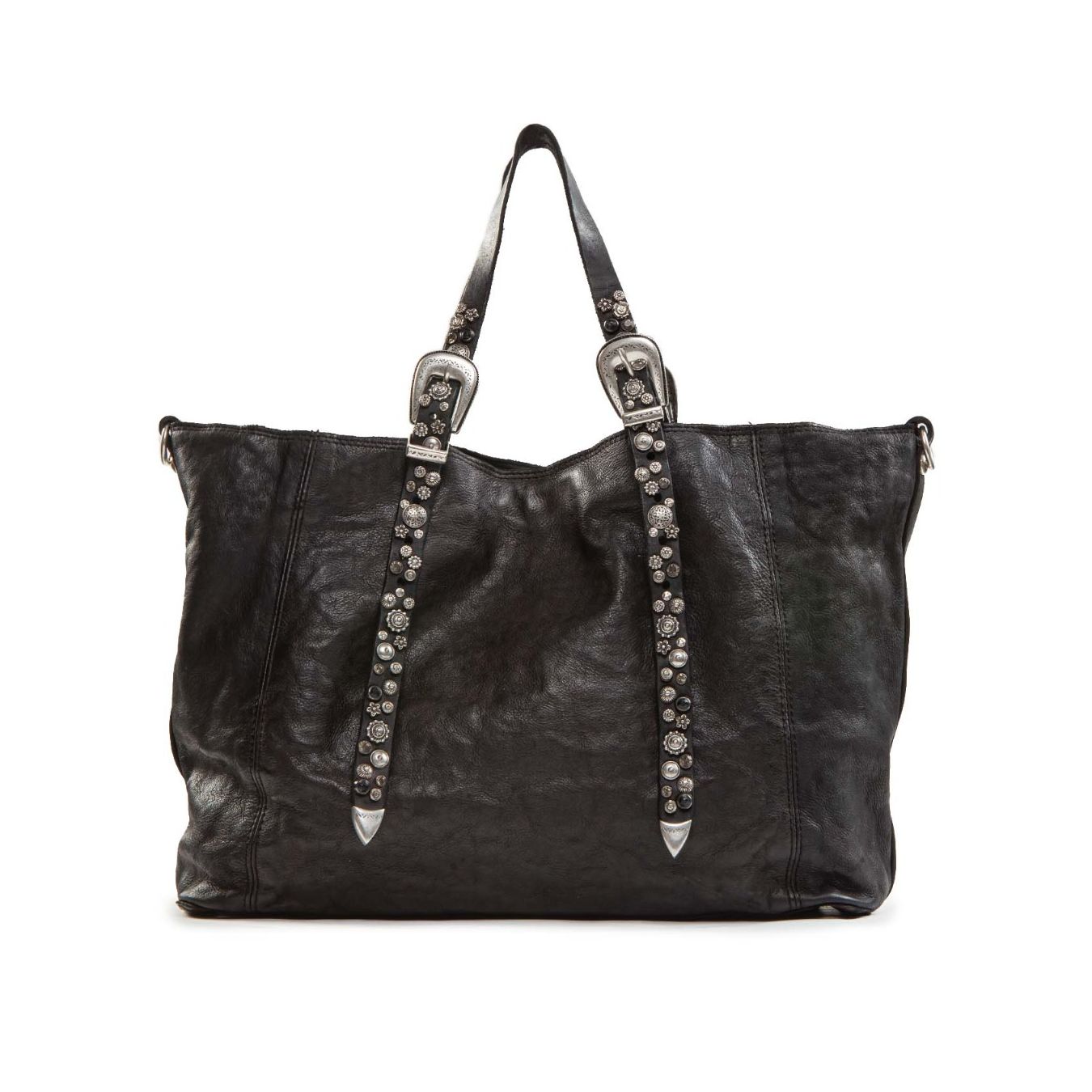 shopper con strass a fiori in pelle nera
