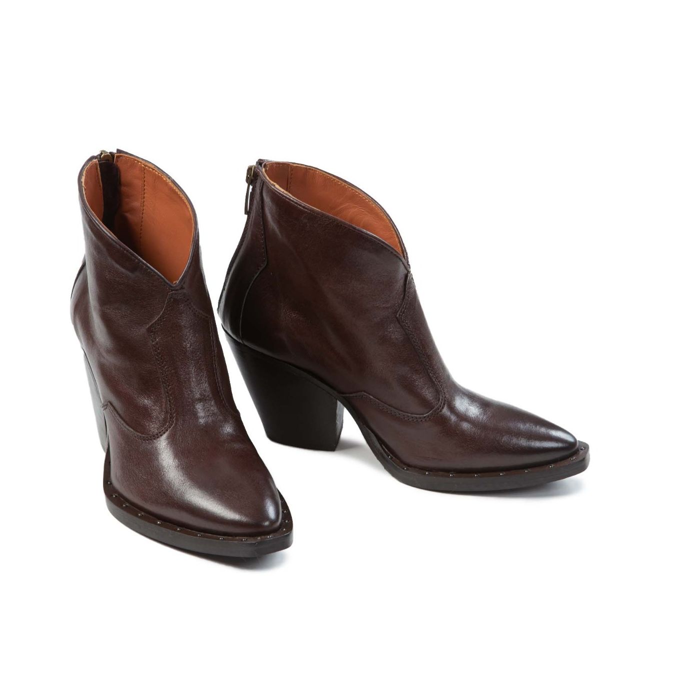 texano con scollo V in pelle marrone  tacco