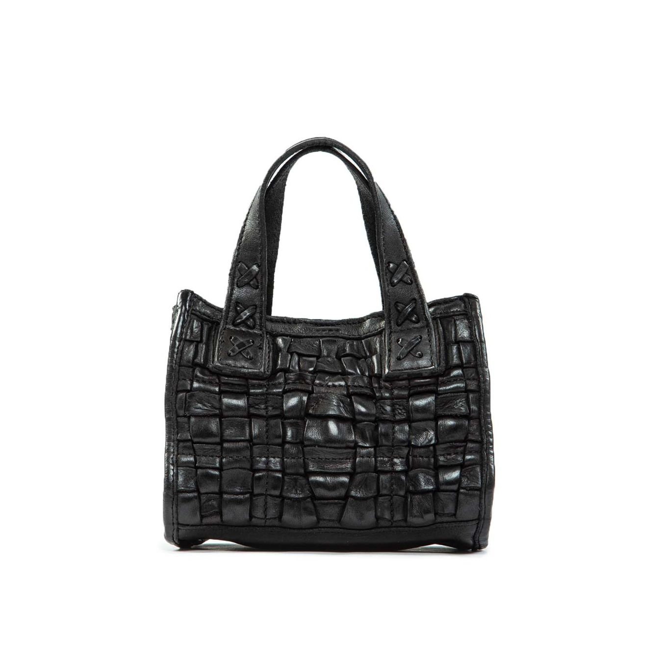 shopper piccola con intreccio in pelle nera