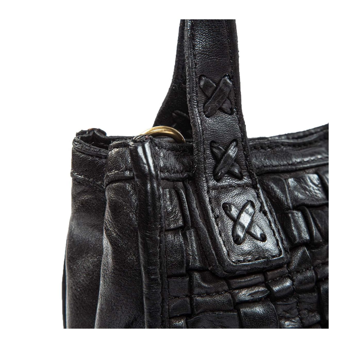 shopper piccola con intreccio in pelle nera manico