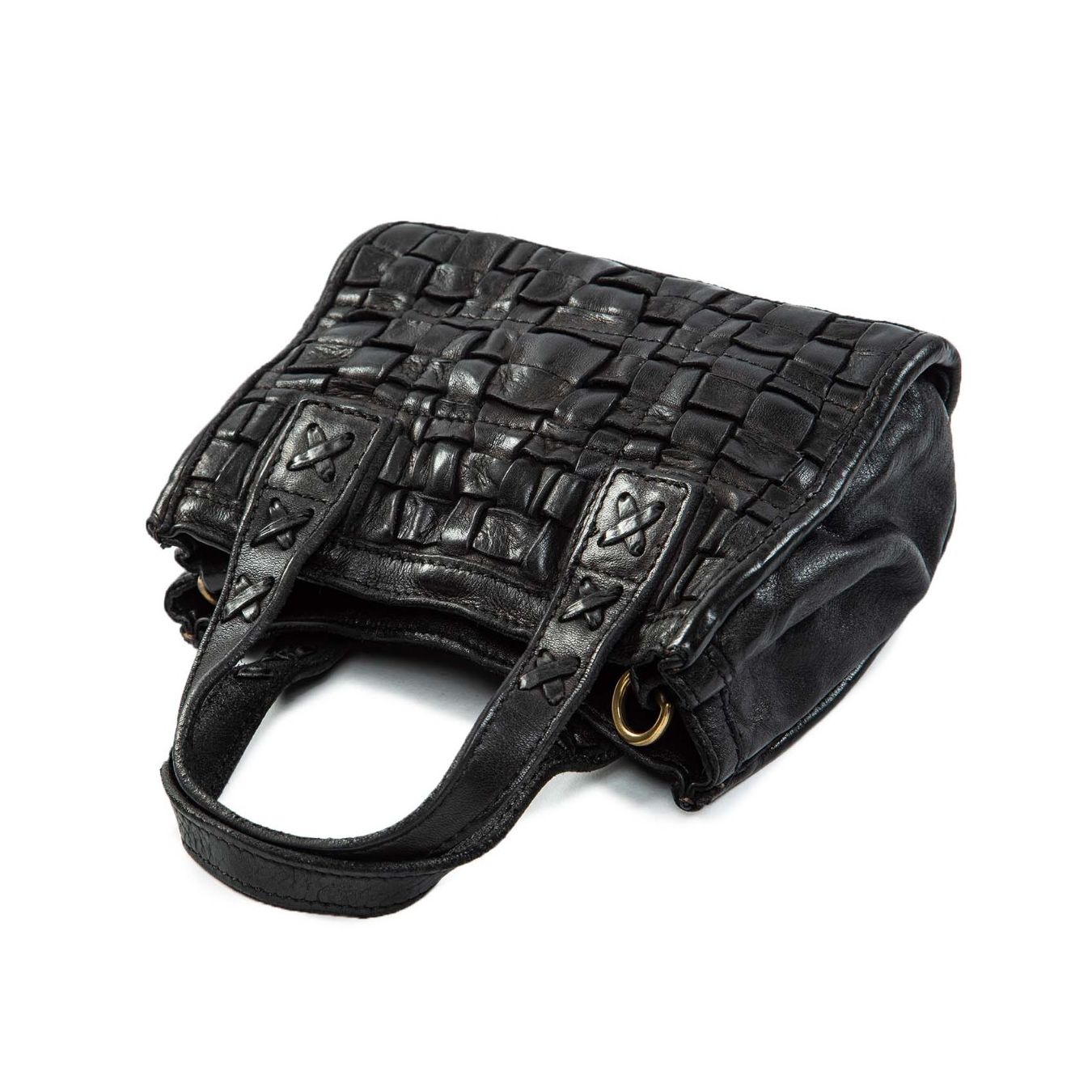 shopper piccola con intreccio in pelle nera sopra