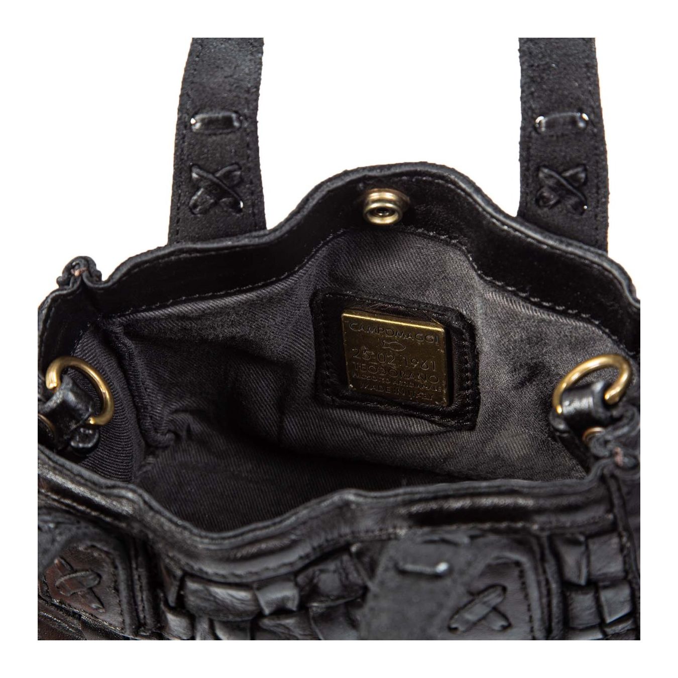 shopper piccola con intreccio in pelle nera interno