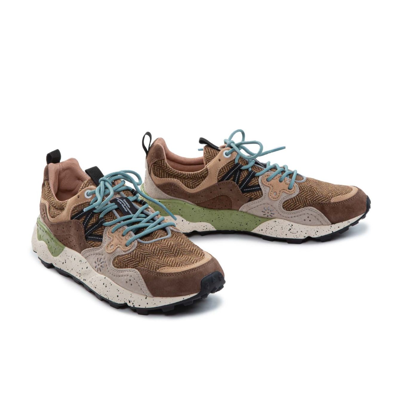 flower mountain sneakers YAMANO con inserti marroni lacci celesti