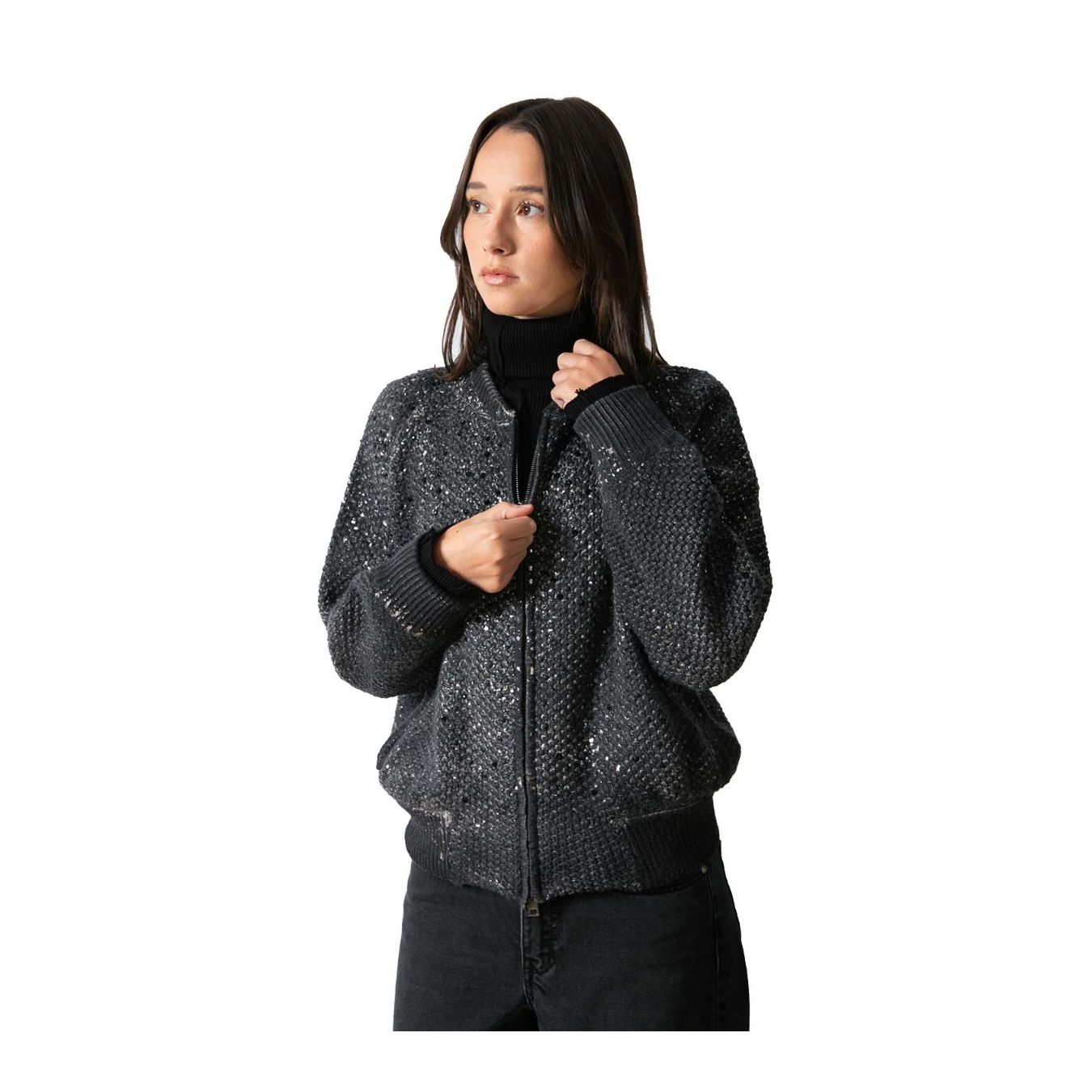 bomber lamina e strass grigio  indossato