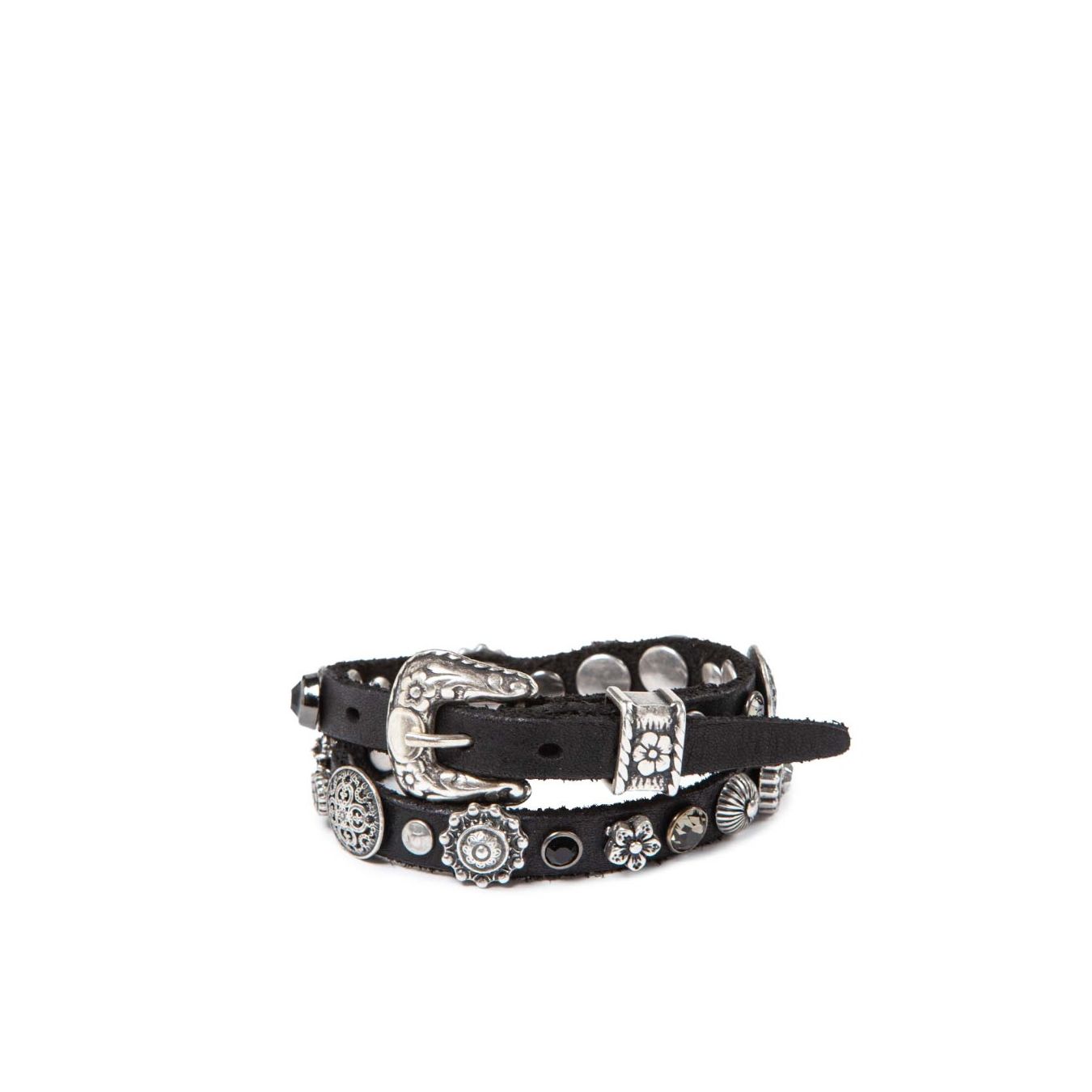 bracciale doppio giro con strass in pelle nera