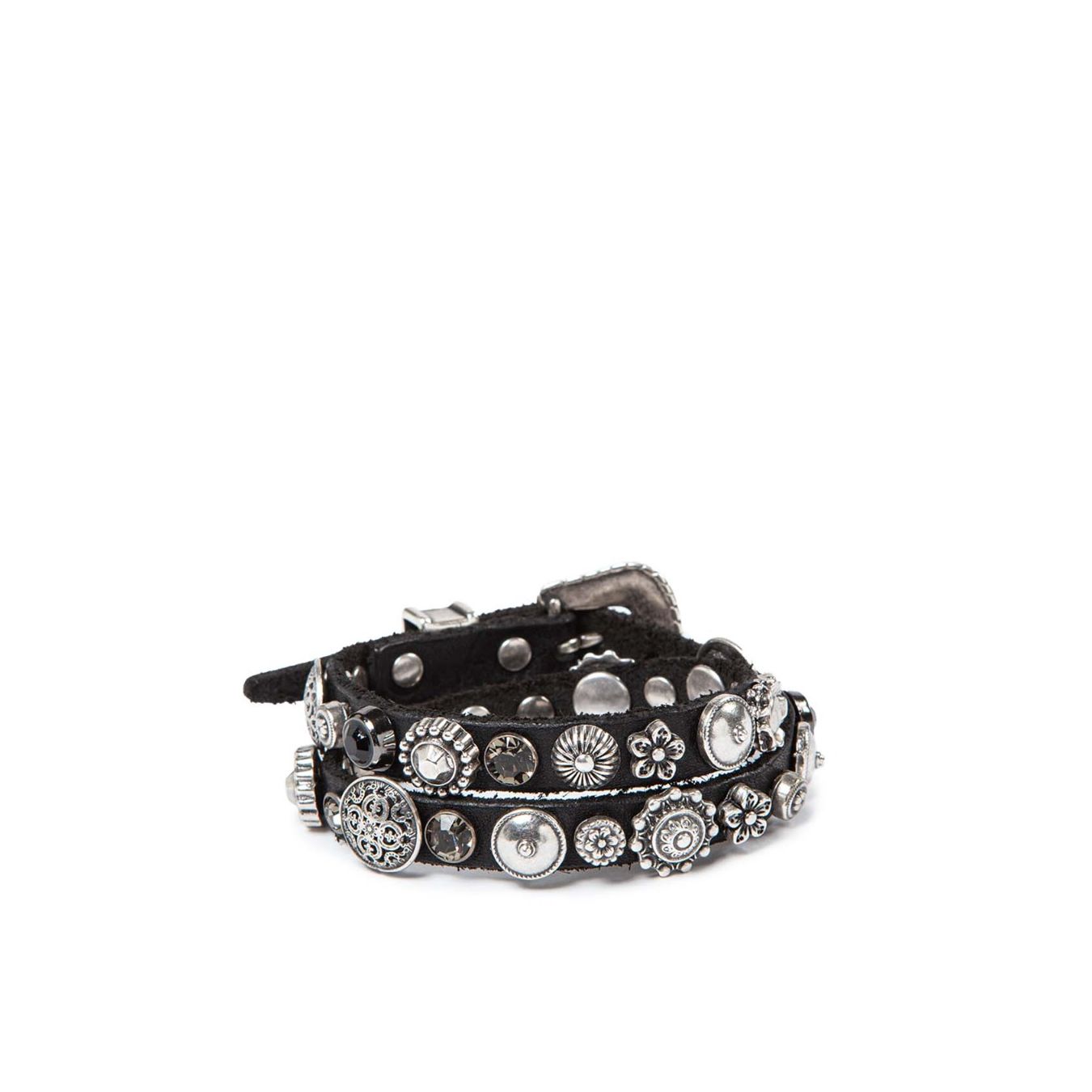 bracciale doppio giro con strass in pelle nera dietro