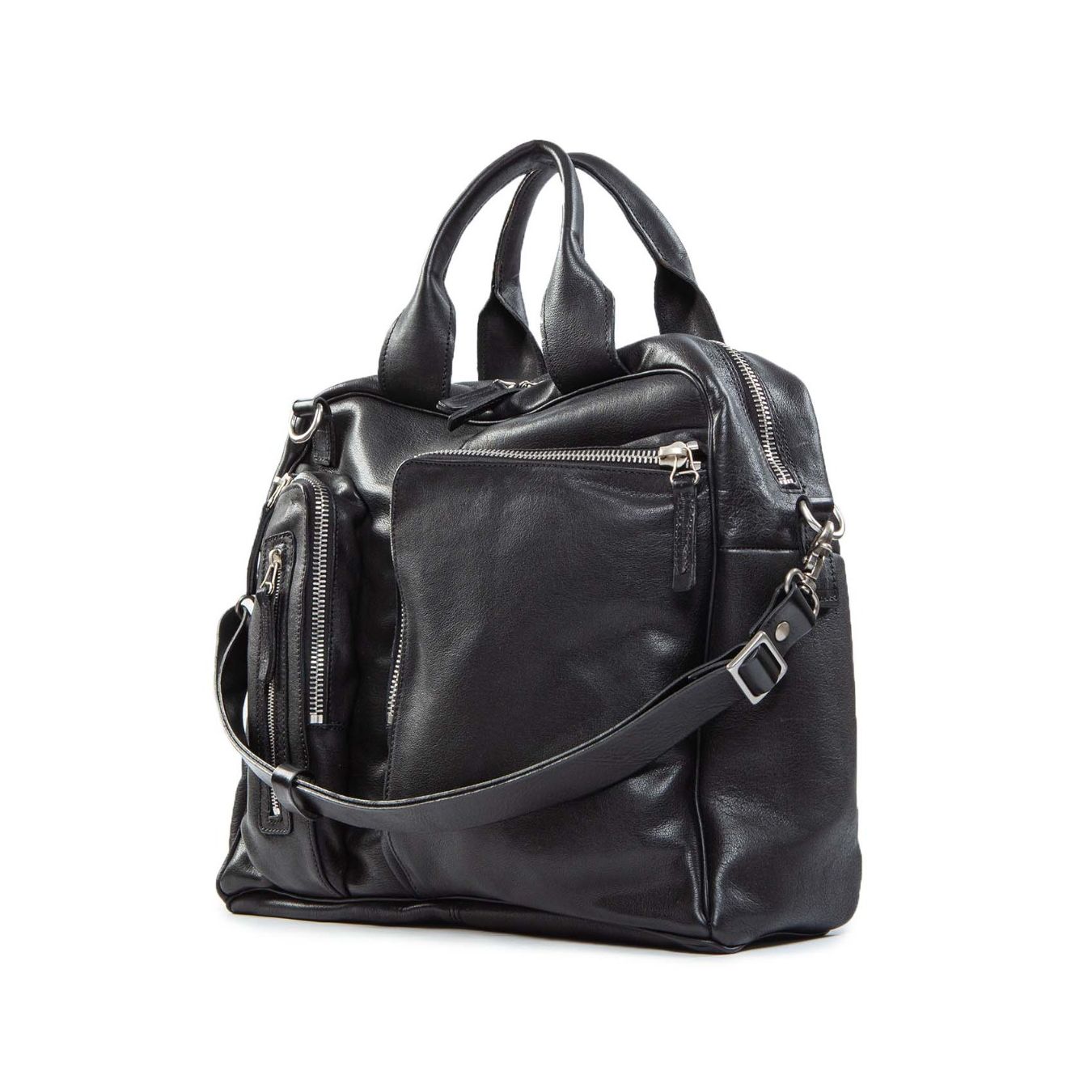 cartella tasche esterne in pelle nera con tracolla