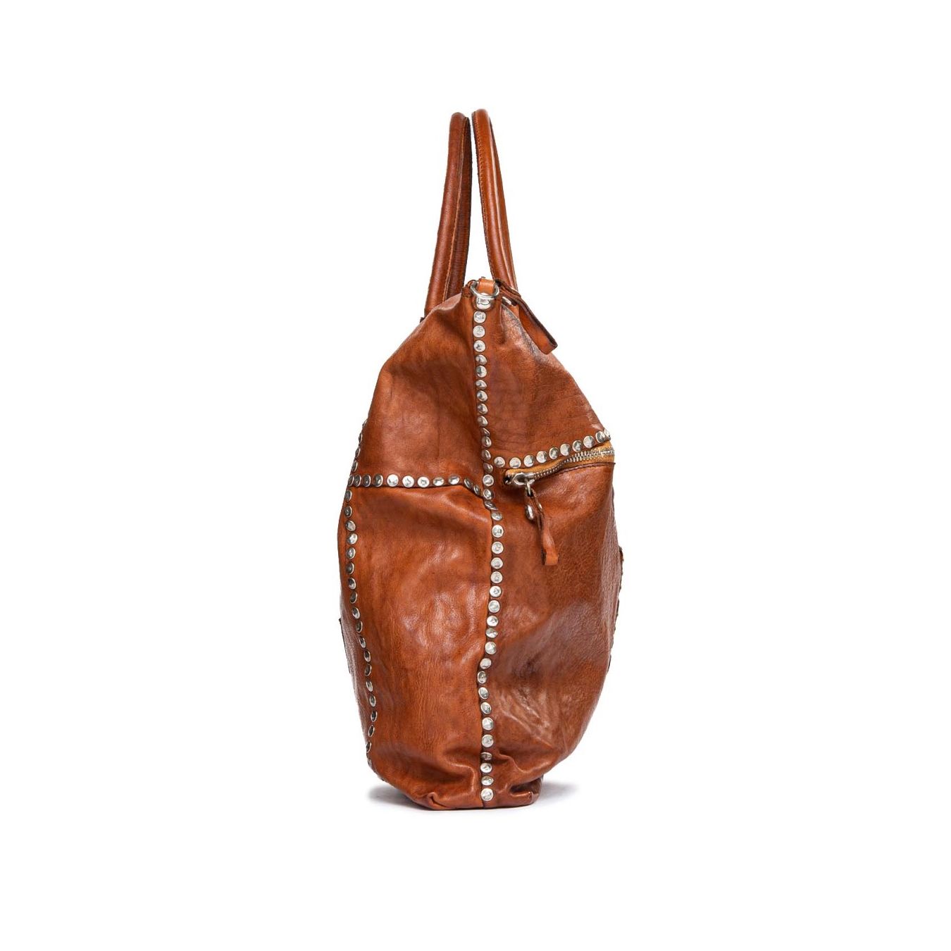 shopper in pelle cognac e borchie argento