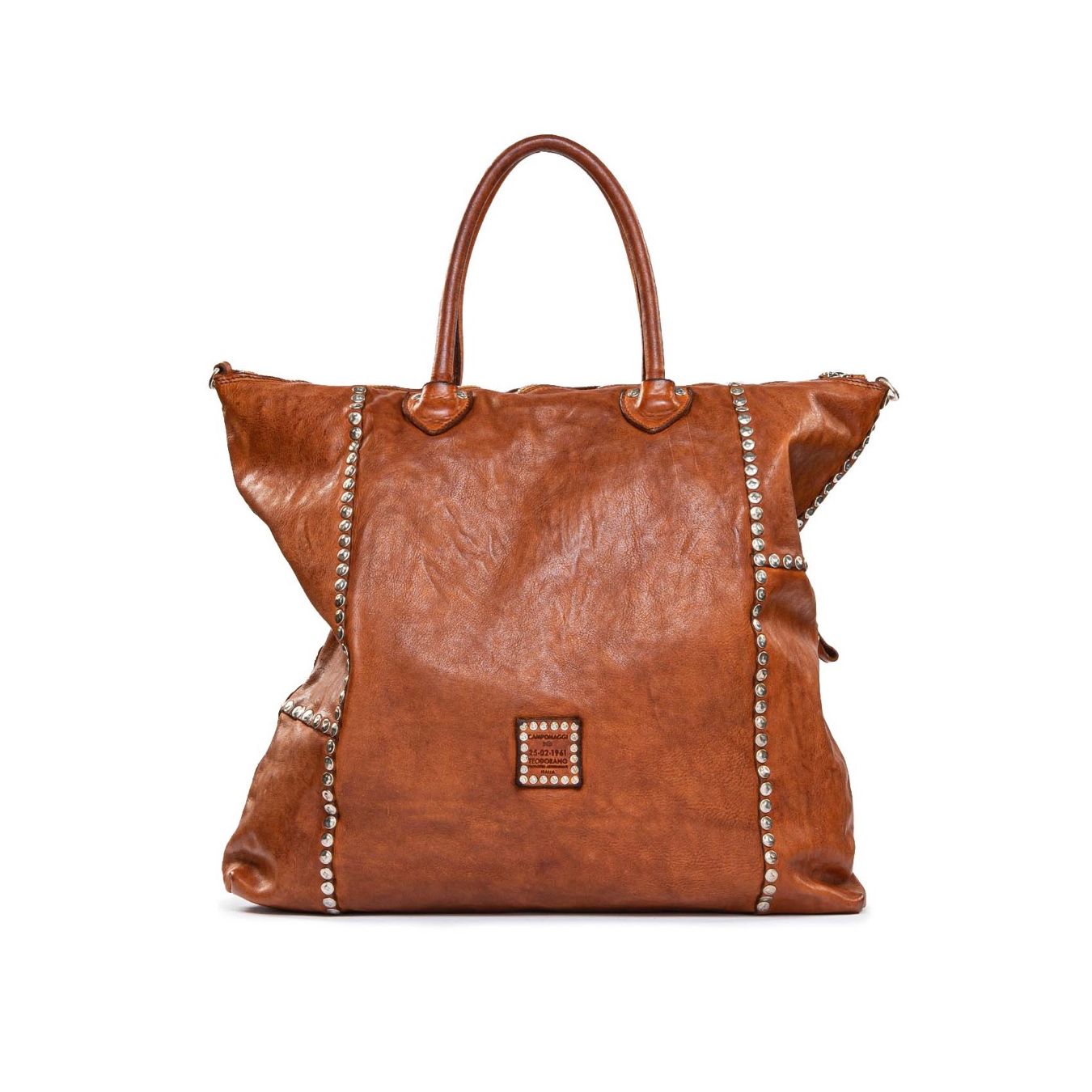 shopper in pelle cognac e argento