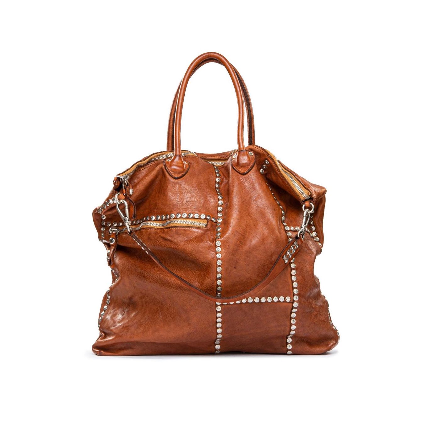 shopper in pelle cognac e borchie