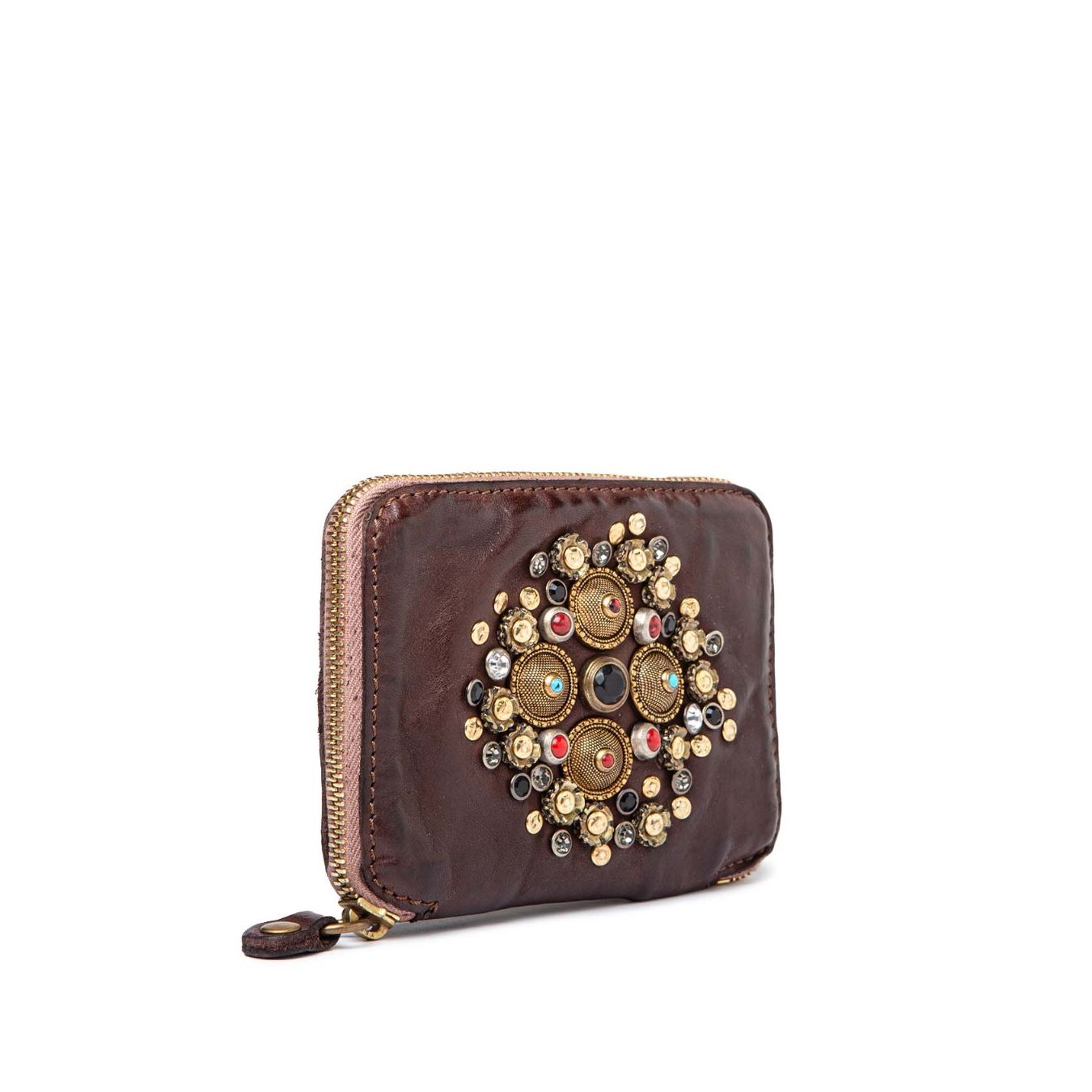 portafoglio marrone borchie e strass colorati zip
