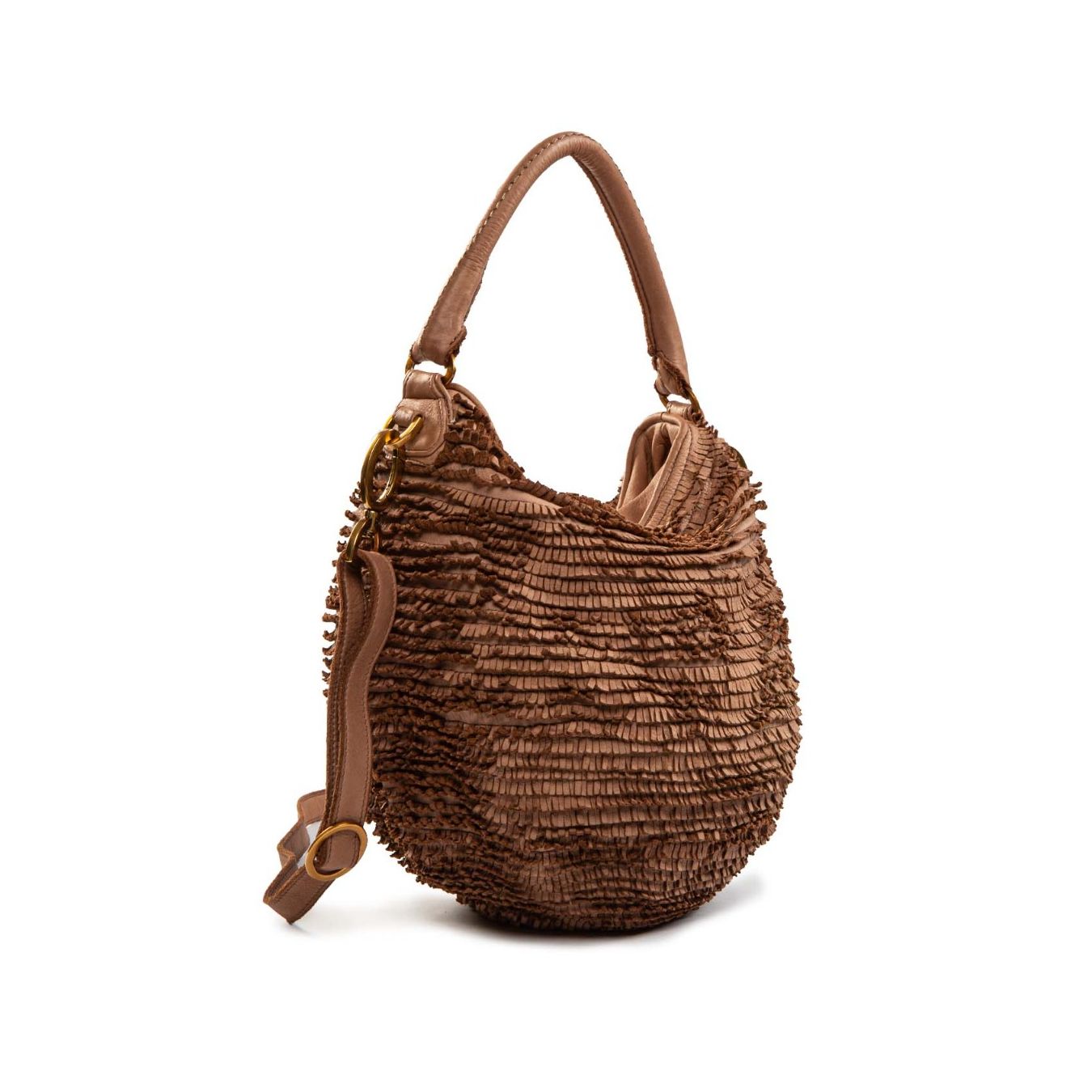 secchiello con frange in pelle ambra lato