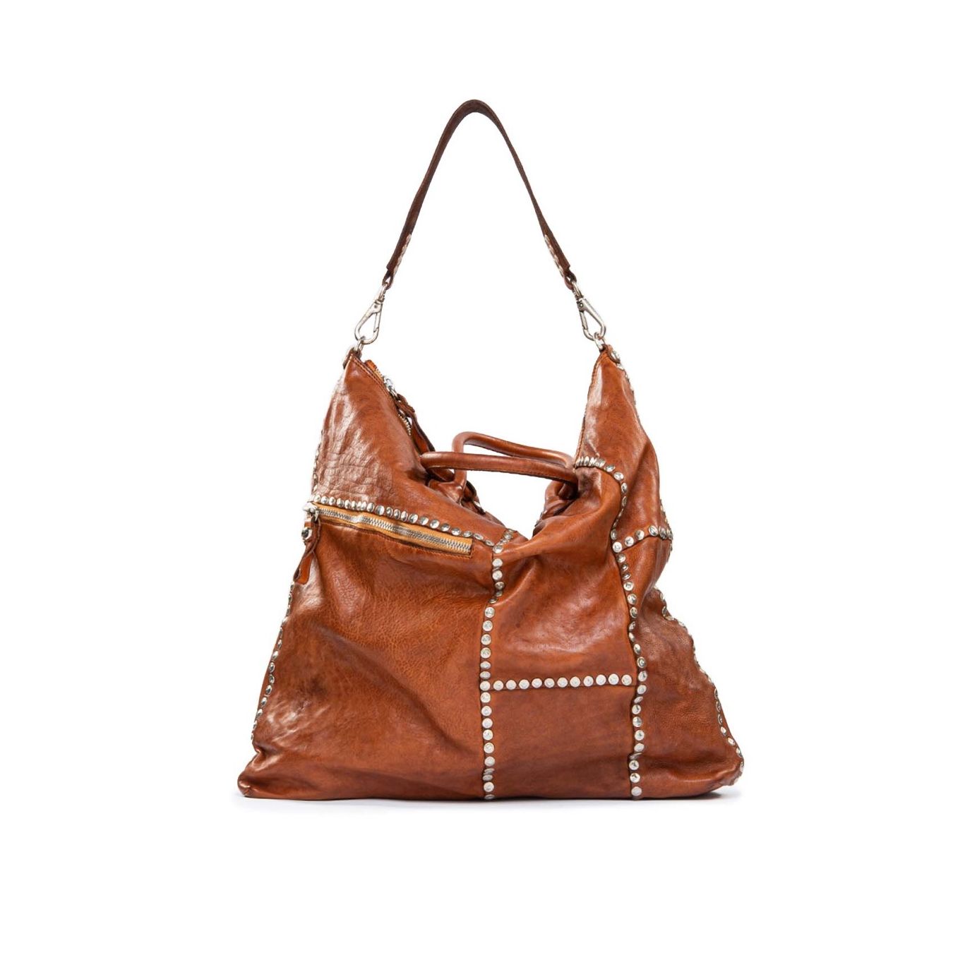 shopper in pelle cognac e borchie argento