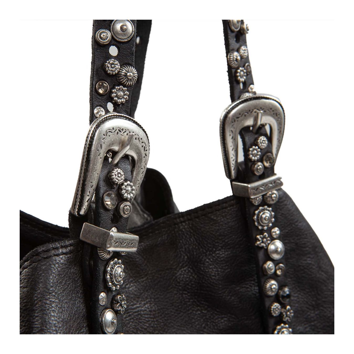 shopper con strass a fiori in pelle nera dettaglio strass