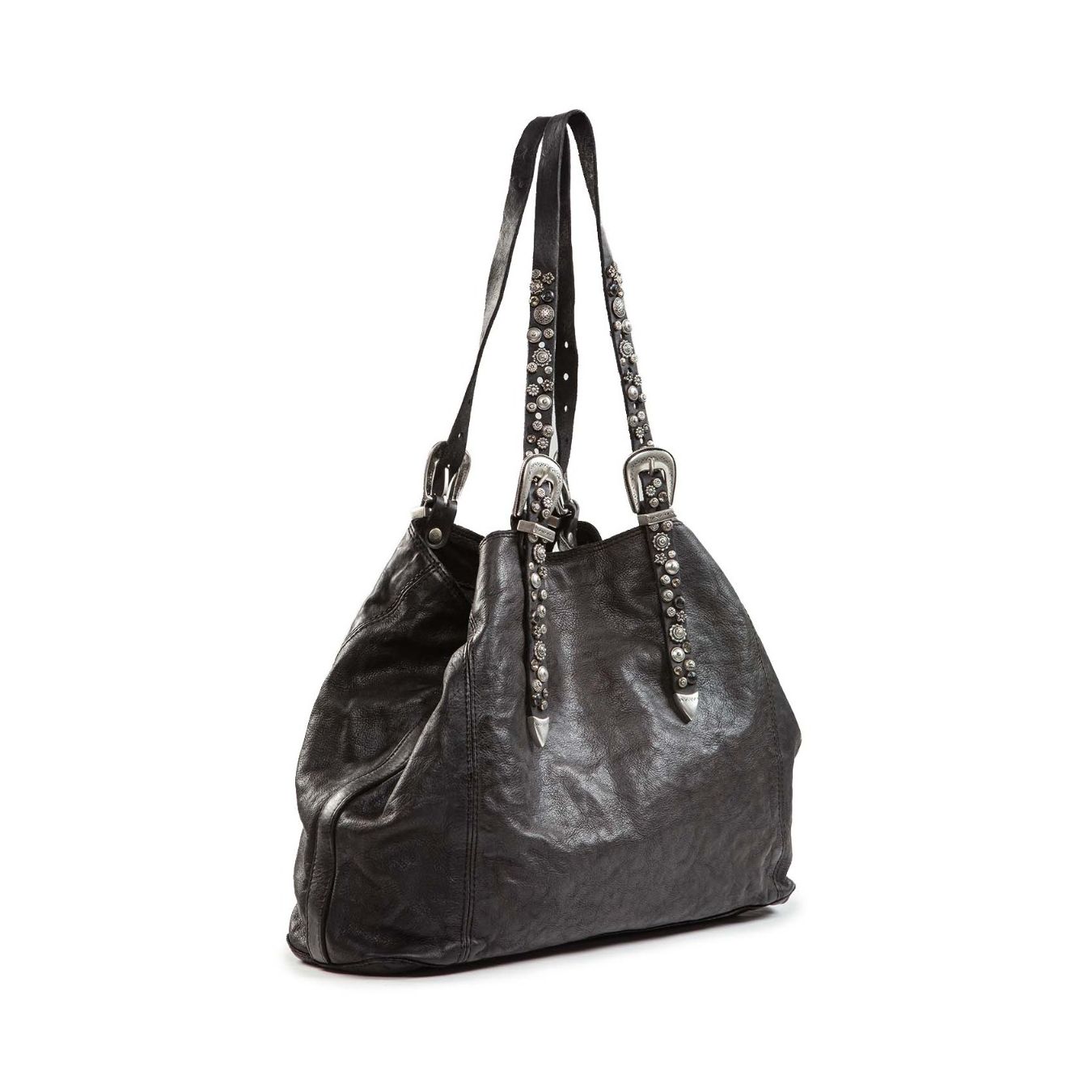 shopper con strass a fiori in pelle nera lato