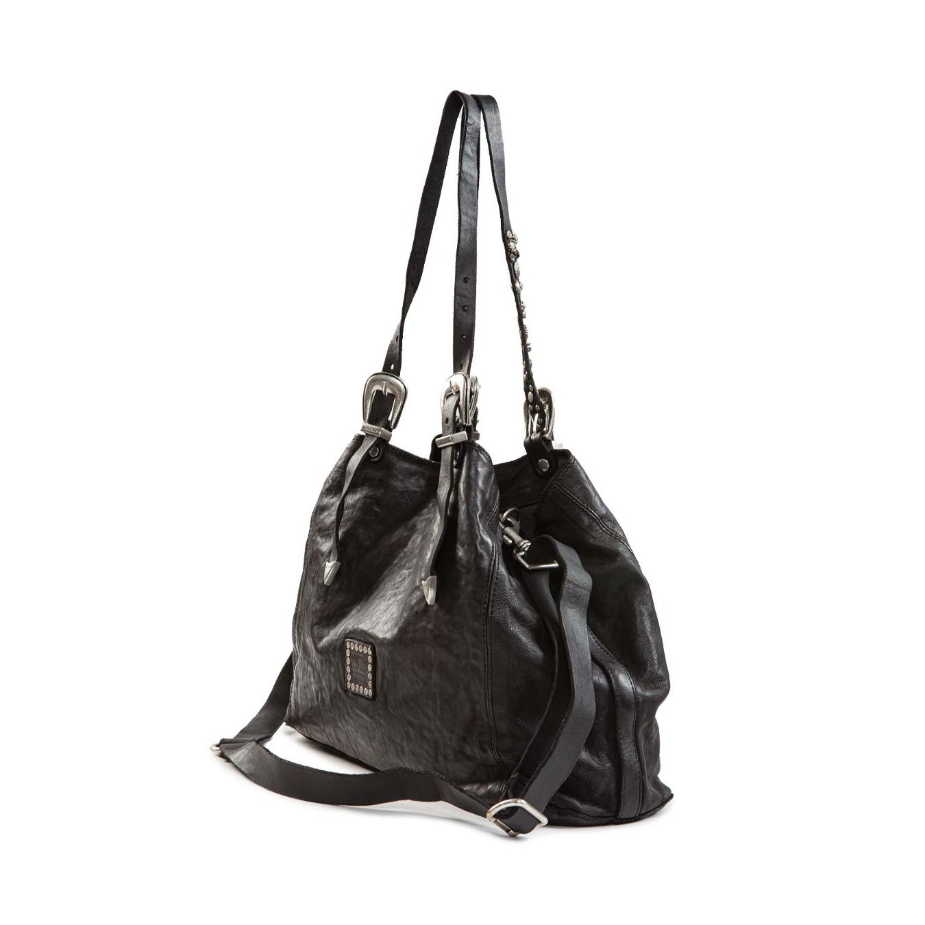 shopper con strass a fiori in pelle nera dietro