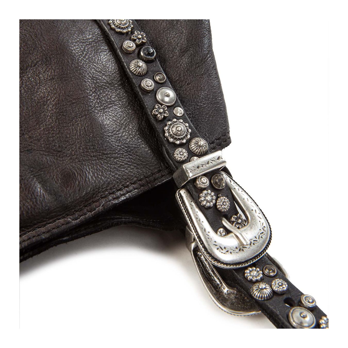 shopper con strass a fiori in pelle nera manici