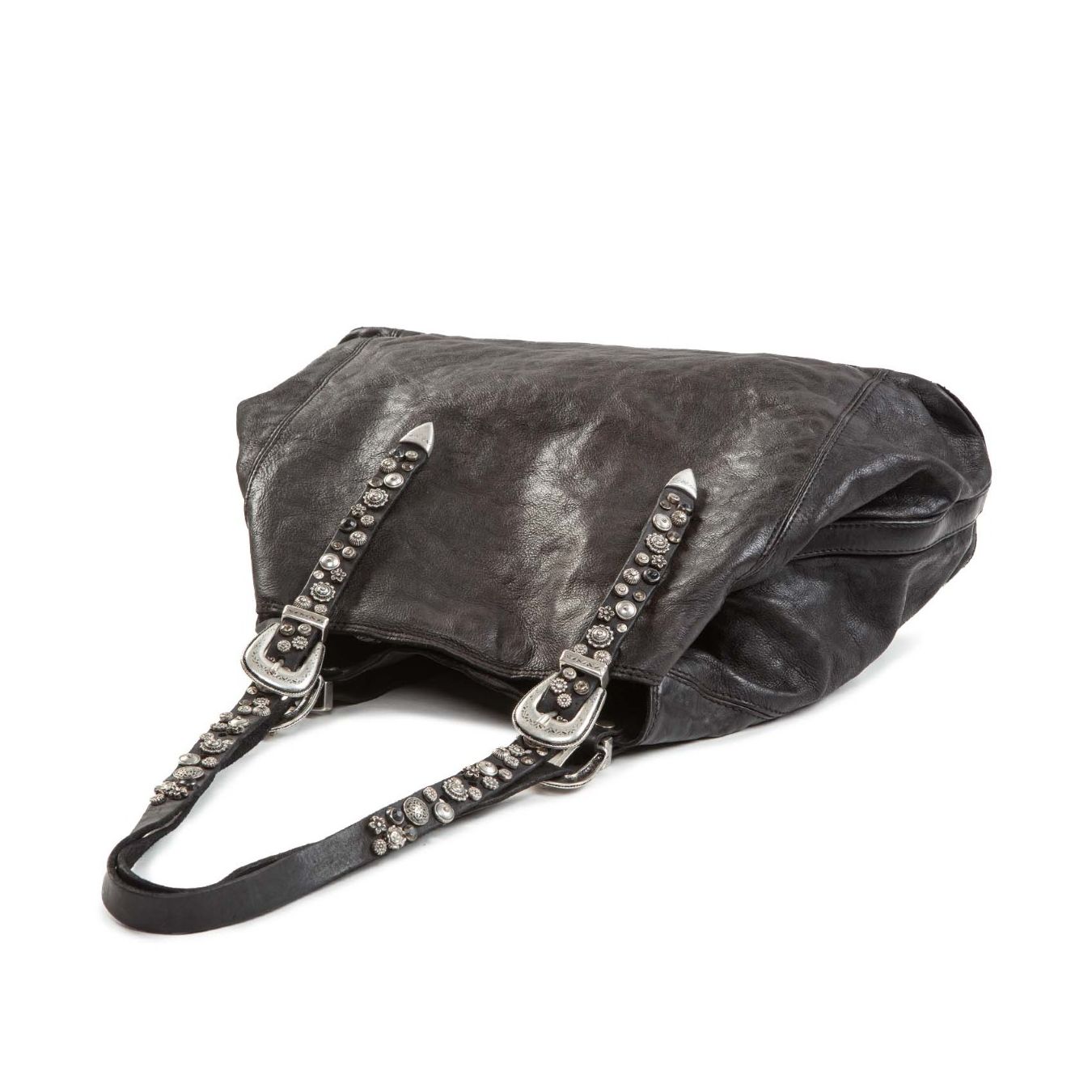 shopper con strass a fiori in pelle nera sopra
