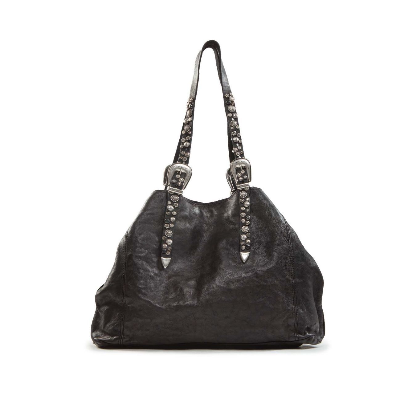  shopper con strass a fiori in pelle nera davanti