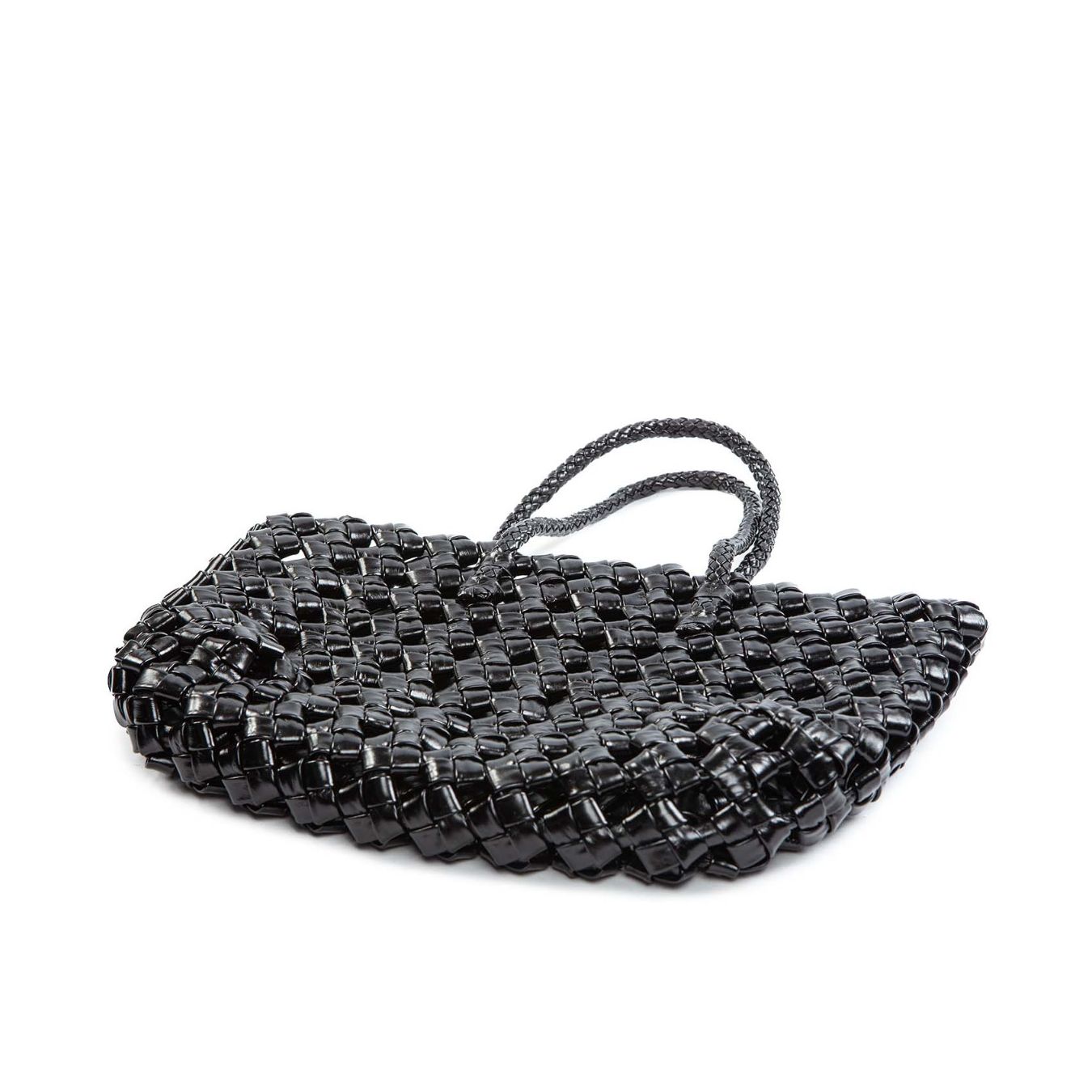 shopper intreccio largo in pelle nera sotto
