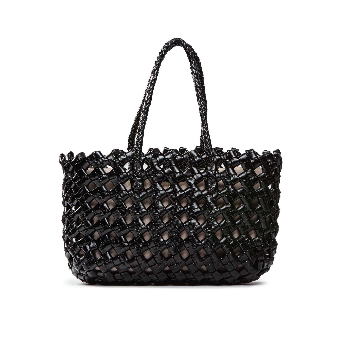 shopper intreccio largo in pelle nera