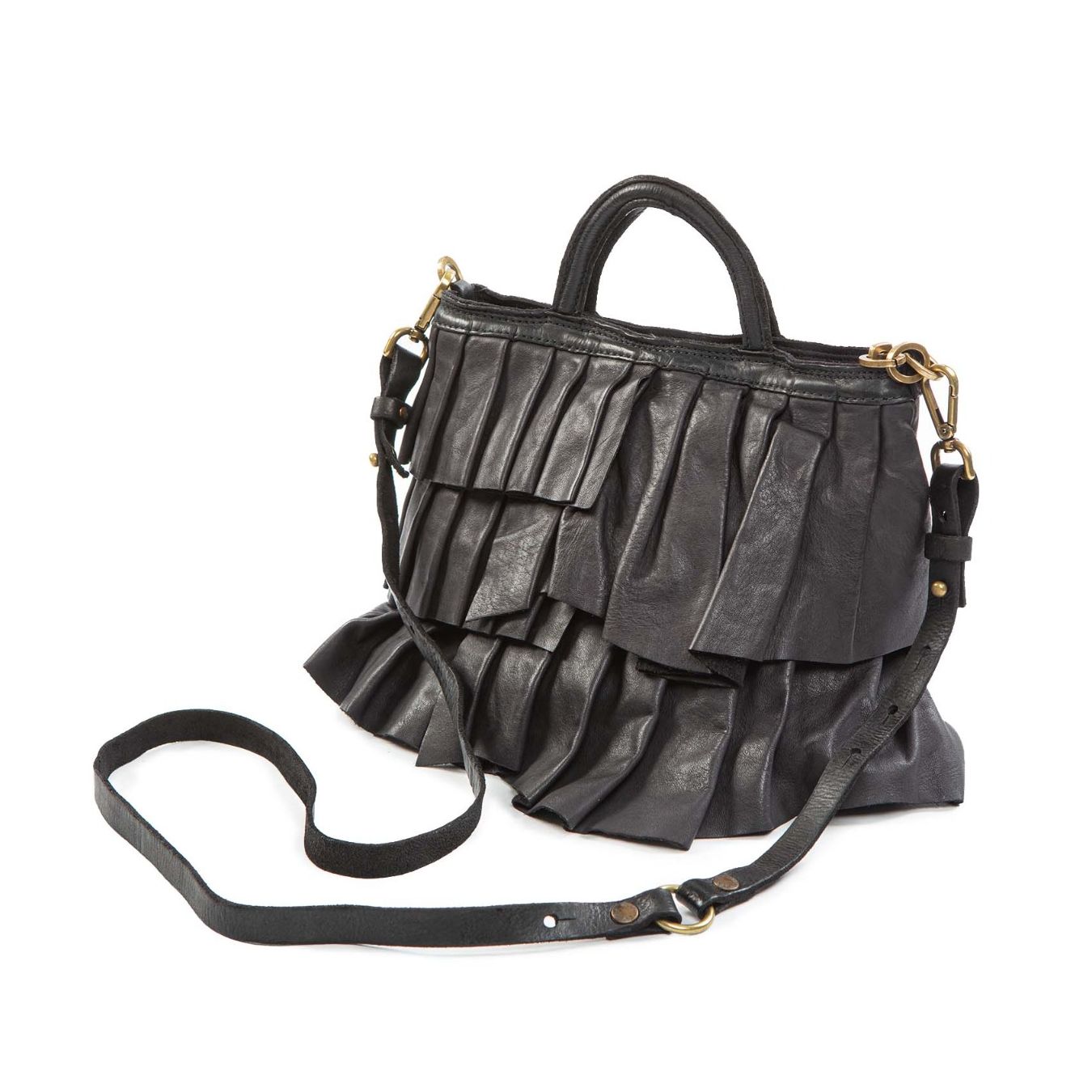 shopper piccola con rouches in pelle nera con tracolla