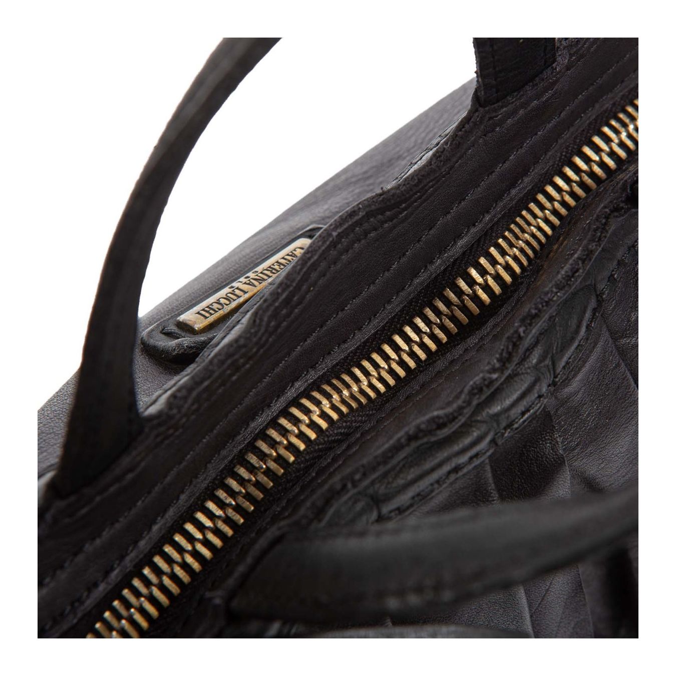 shopper piccola con rouches in pelle nera zip