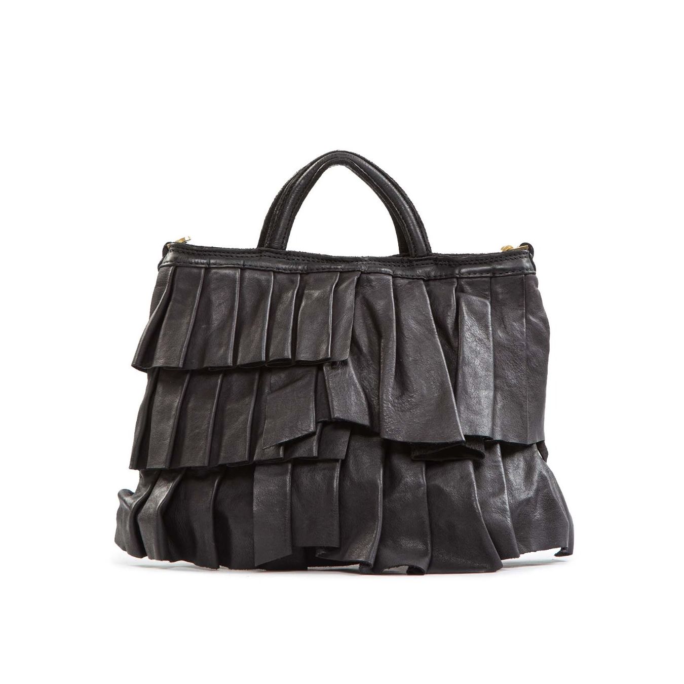 shopper piccola con rouches in pelle nera