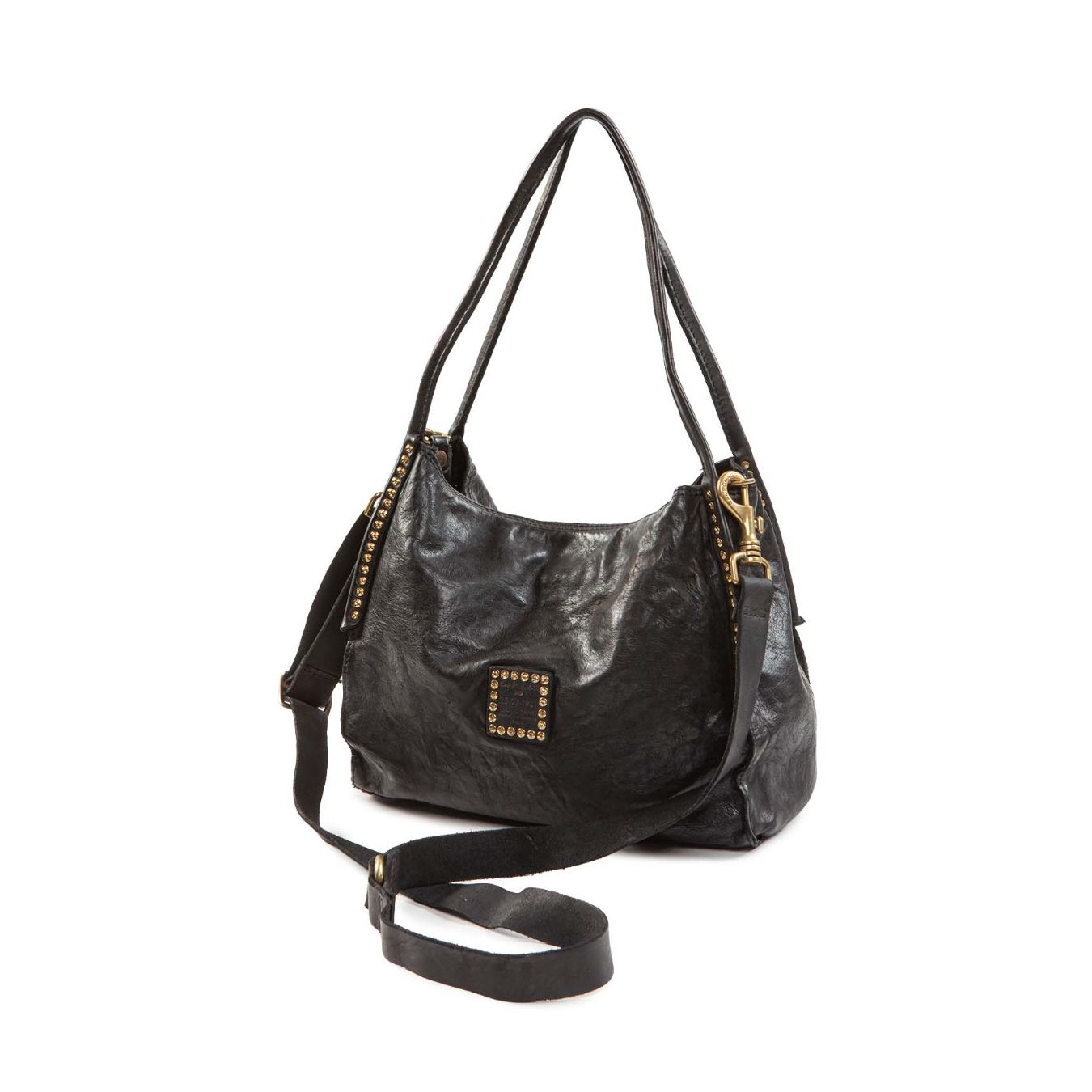 shopper VIOLA con borchie in pelle nera  con tracolla