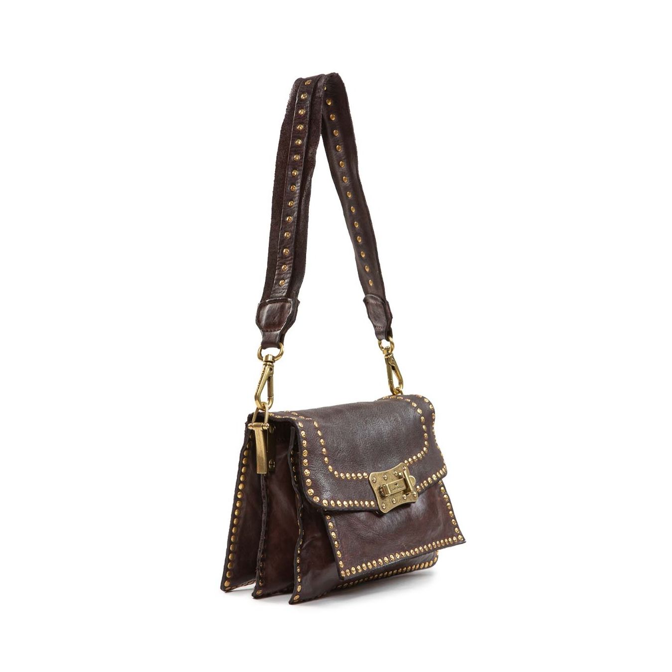 tracolla AGNESE con rivetti in pelle marrone lato