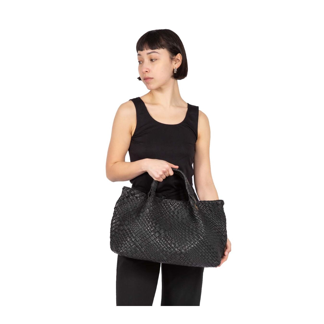 VISONA' Shopper Intrecciata Pelle Nera