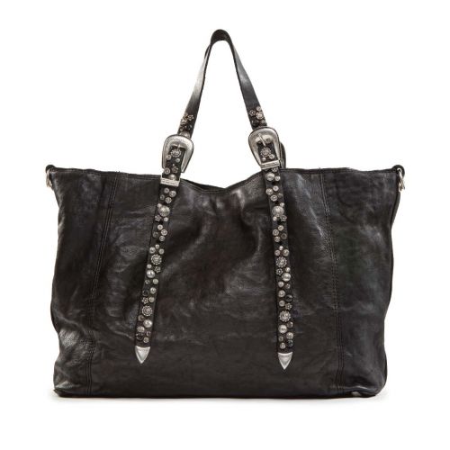 shopper con strass a fiori in pelle nera