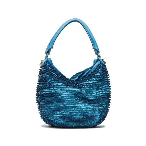 secchiello con frange in pelle blu cadetto 