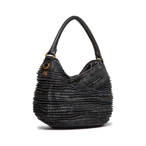 secchiello con frange in pelle nera 