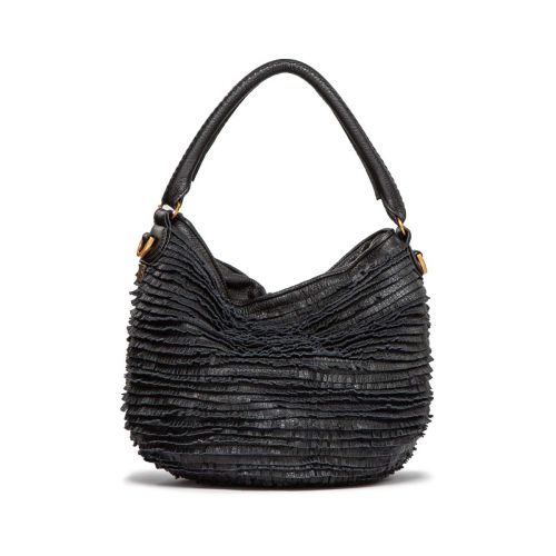 secchiello con frange in pelle nera 