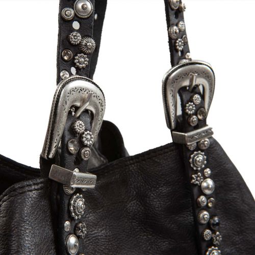 shopper con strass a fiori in pelle nera