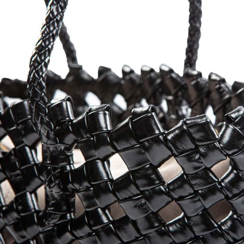 shopper intreccio largo in pelle nera