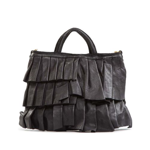 shopper piccola con rouches in pelle nera